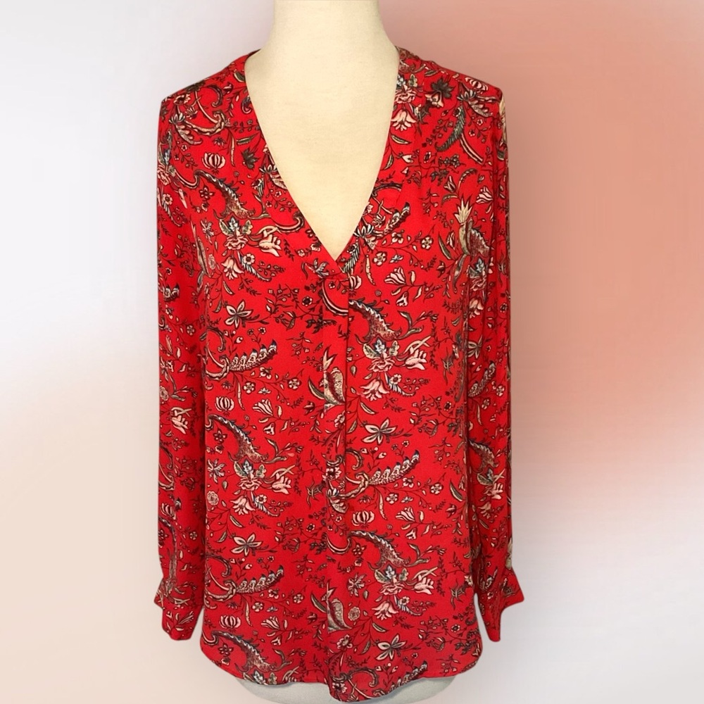 Rose & Olive Red Floral High Low V Neck Tunic Blouse Size S